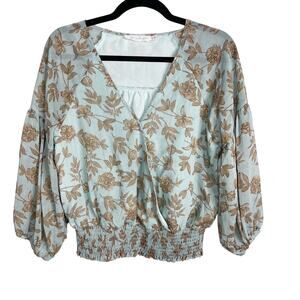 New All In Favor Small S Blue Brown Floral Surplice V Neck Smocked Hem Blouse